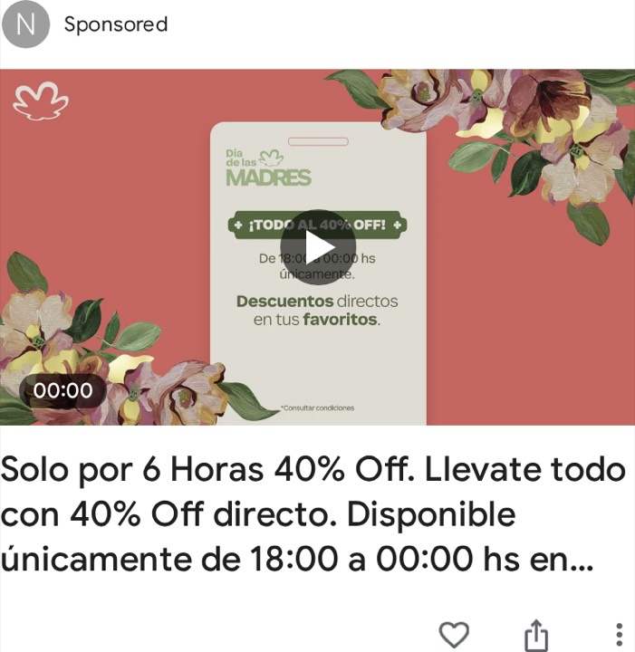 Natura: N | Sponsored | de las Y | Día | MADRES | * ¡TODO AL 40% OFF! | De 18:01 a 00:00